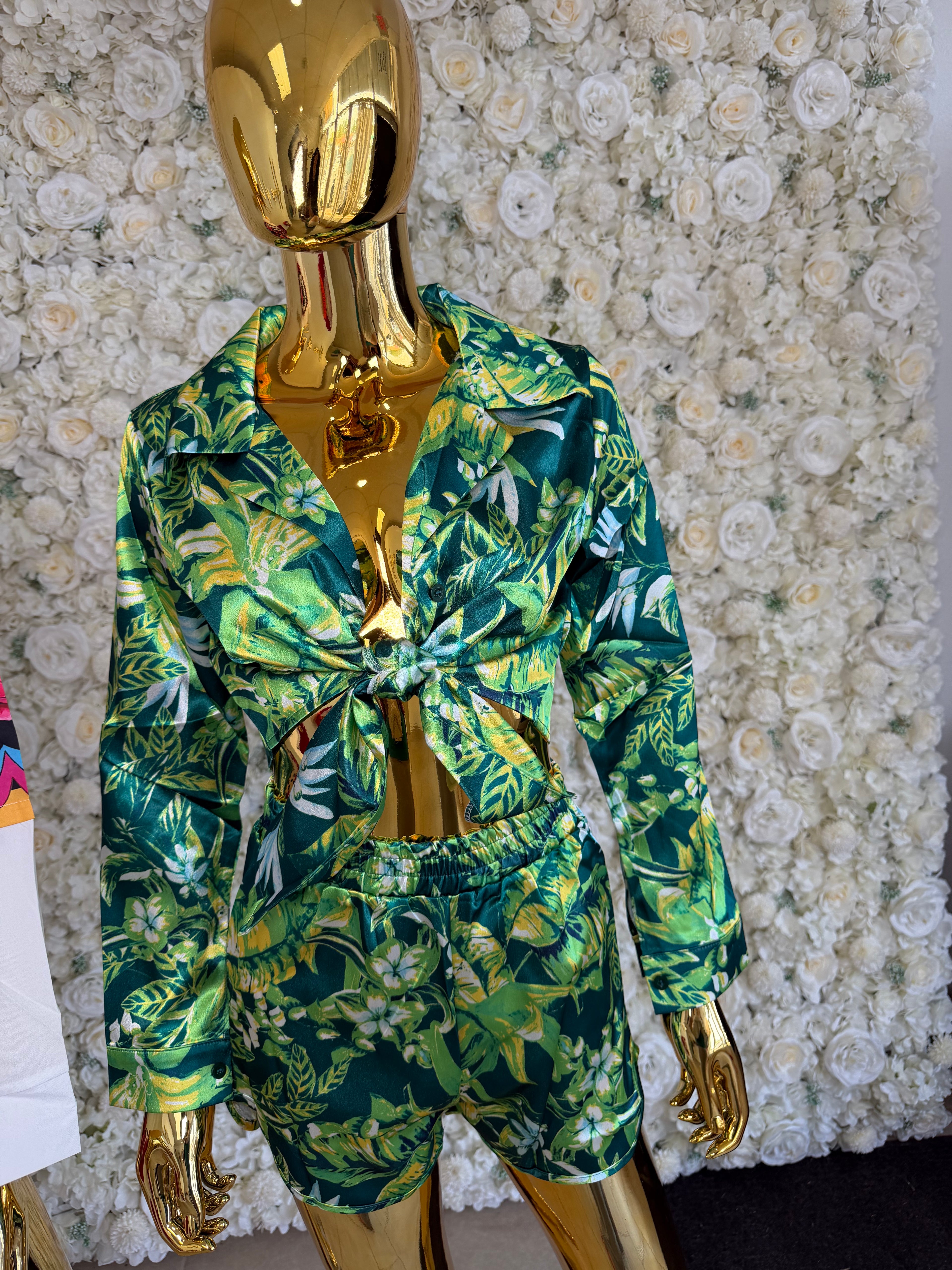 Green floral short set